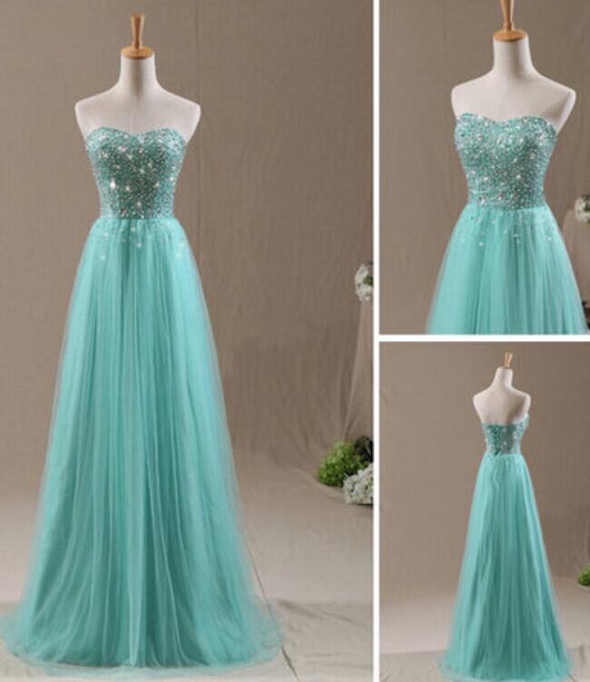 2015 Mint Green Tulle Strapless Beaded Long Prom Dress On Luulla 8267