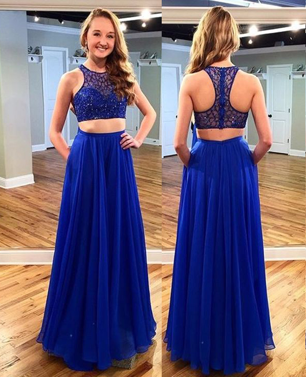 RoyalBlue Illusion Chiffon Twopiece Evening Gown, Sweetheart Beaded
