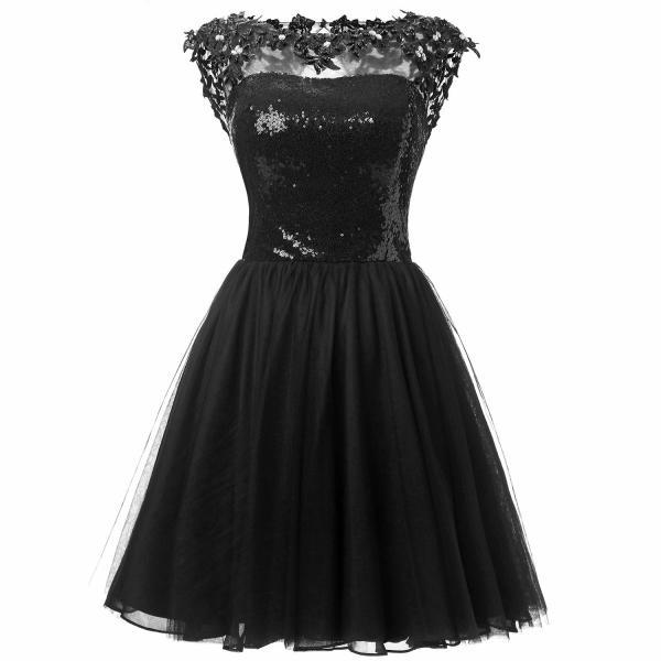 Black Tulle Cap Sleeve Sequined Bodice Cocktail Dress With Open Back on